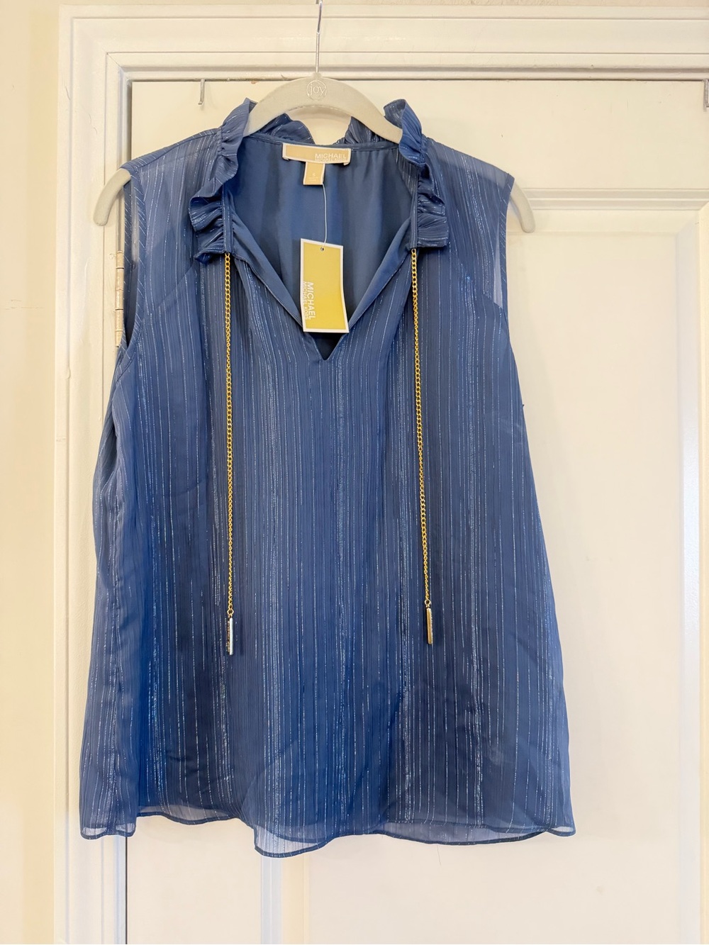 MICHAEL Michael Kors Navy Sleeveless Ruffle-V Neck Cami with Gold Chain Ties
